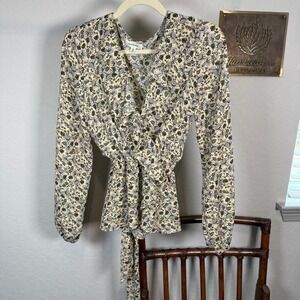 Max Studio Womens Floral Ruffle Wrap Top Long Sleeve Tie Waist Yellow Black M